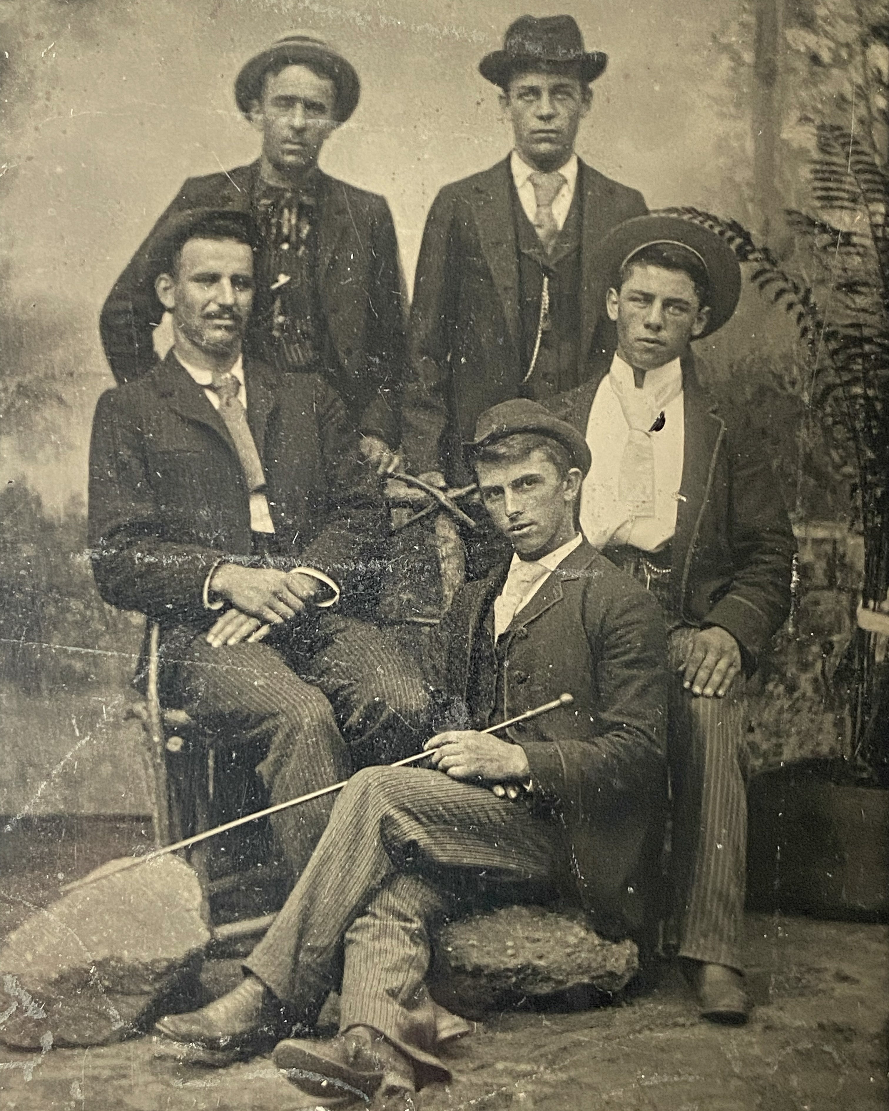 5 Men Wearing Hats Posing Tintype